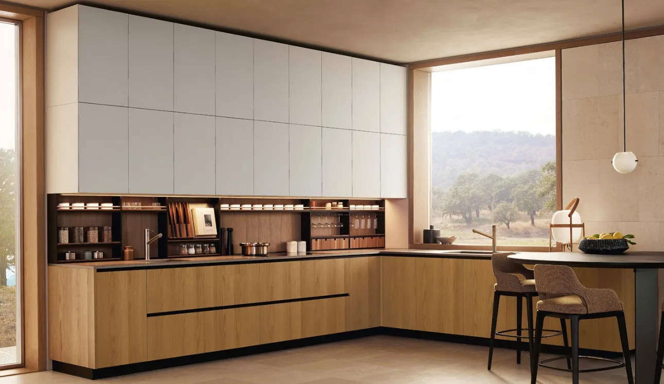 Cucina Design ad angolo Alea Pro 03 in rovere gold con top in laminato di Poliform