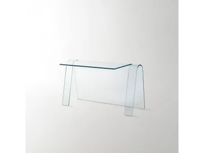 Scrittoio Folio ottenuto da un’unica lastra di cristallo trasparente extralight curvato di Glas Italia