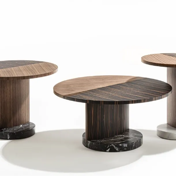 Tavolini tondi in tre diverse dimensioni in legno di noce e ebano con base in marmo Leaf di Porada