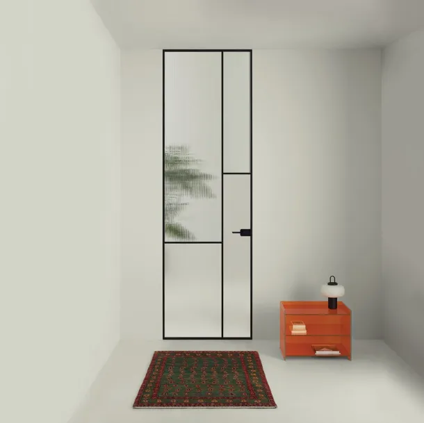 Porta per interni a filo muro Sherazade Swing Plain Patchwork in vetro con telaio in alluminio di Glas Italia