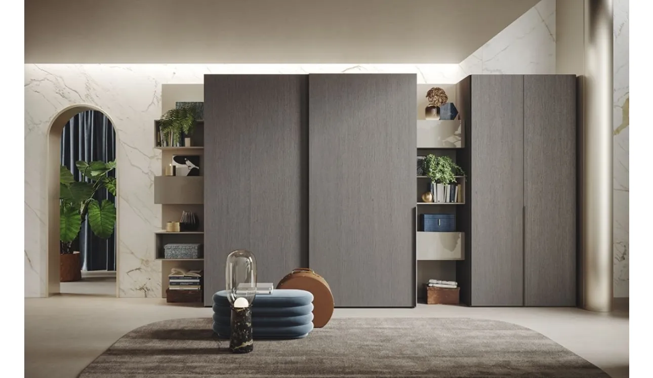 Armadio Ante Scorrevoli 08 in rovere fumo con elementi Free e contenitori Live di Morassutti