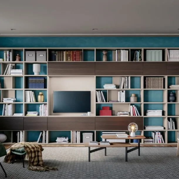 Libreria componibile a muro Logic Collection 05 in rovere affumicato e laccato sabbia opaco di Morassutti