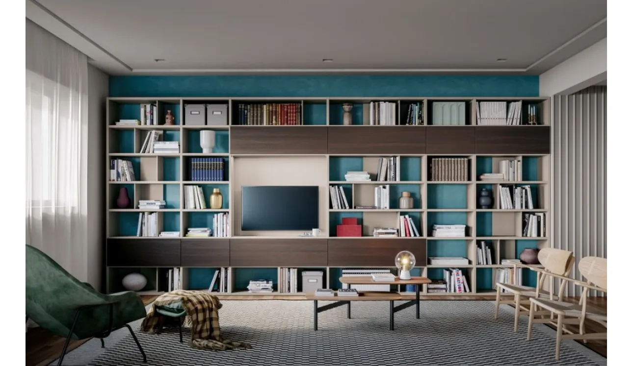 Libreria componibile a muro Logic Collection 05 in rovere affumicato e laccato sabbia opaco di Morassutti
