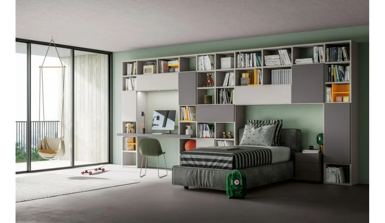 Libreria a ponte Logic Collection 13 in laccato grigio e canapa opaco di Morassutti