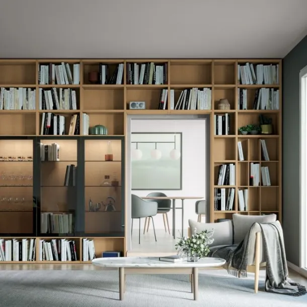 Libreria su misura Logic Collection 14 in rovere avana con ante in laccato ardesia opaco e vetro grigio trasparente di Morassutti