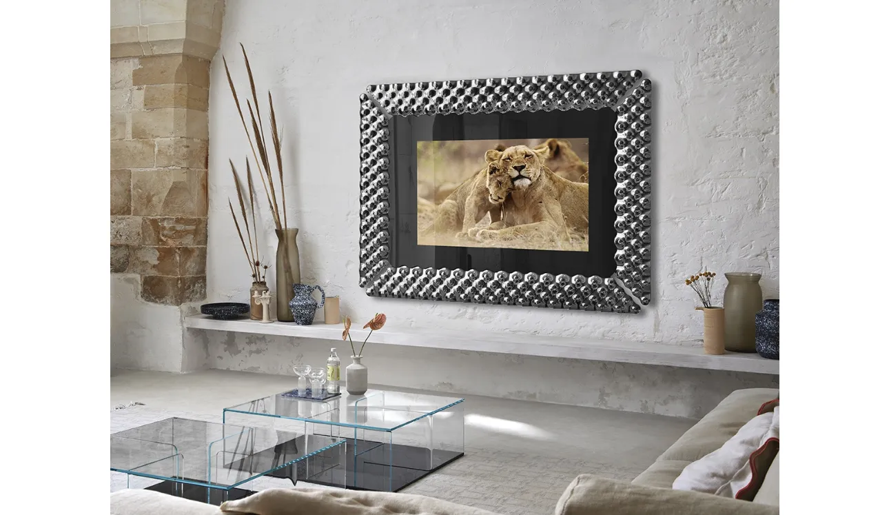Mobile Specchio Porta Tv Pop con cornice in vetro fumè retroargentato di Fiam