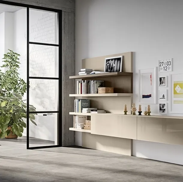 Parete Attrezzata Live 10 BE GLOSSY in vetro visone lucido, laccato opaco visone e grigio tortora di Morassutti