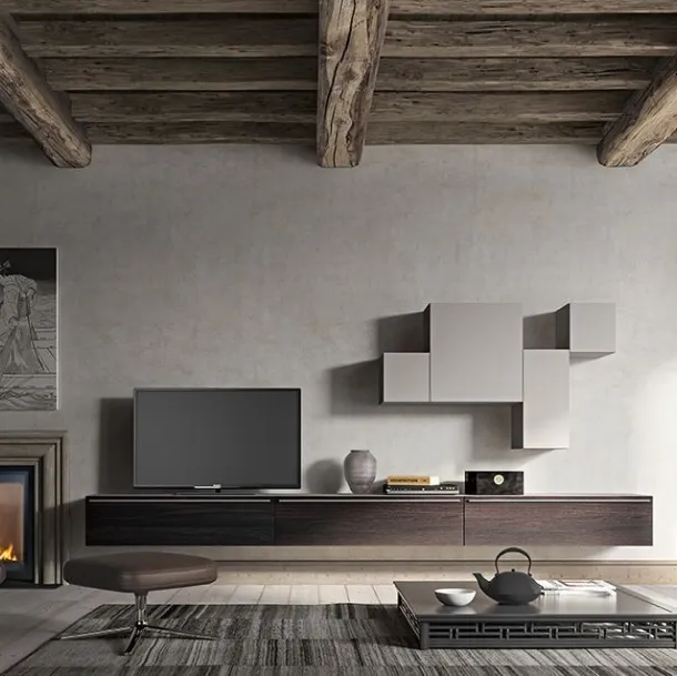 Parete Attrezzata sospesa Live 11 GEOMETRIC in rovere affumicato e laccato opaco di Morassutti