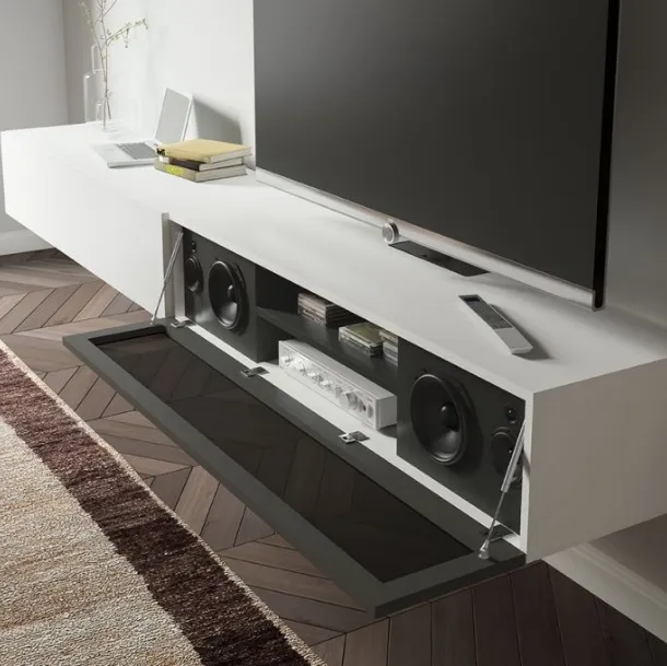Parete Attrezzata sospesa Live 17 DECOR in laccato opaco bianco e nero e tessuto acustico nero di Morassutti