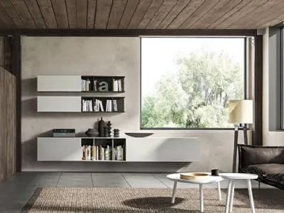 Parete Attrezzata sospesa Live 19 RETRO STYLE in laccato nuvola opaco e rovere affumicato di Morassutti