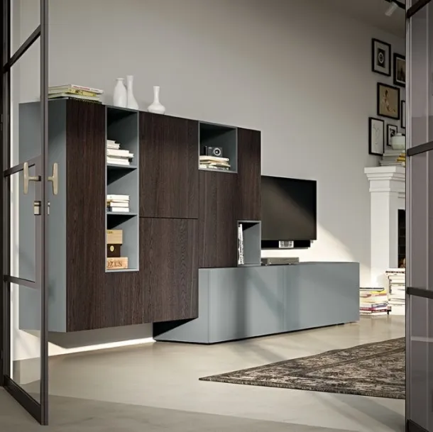 Parete Attrezzata Live 20 FEEL YANG in rovere affumicato e laccato grigio opaco di Morassutti