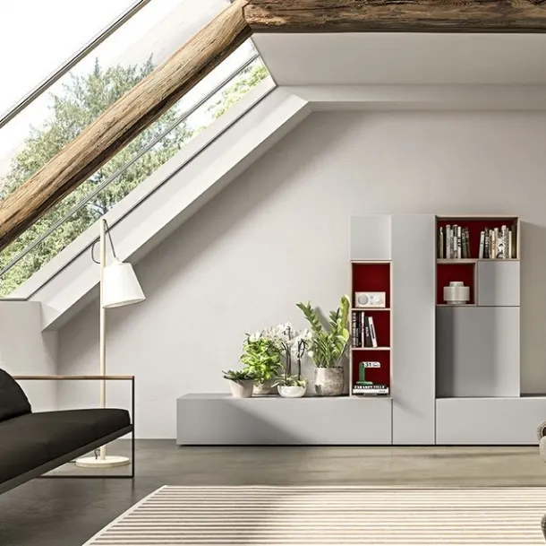 Parete Attrezzata Live 23 GREY & WOOD in laccato opaco sabbia e rosso cina e rovere naturale di Morassutti