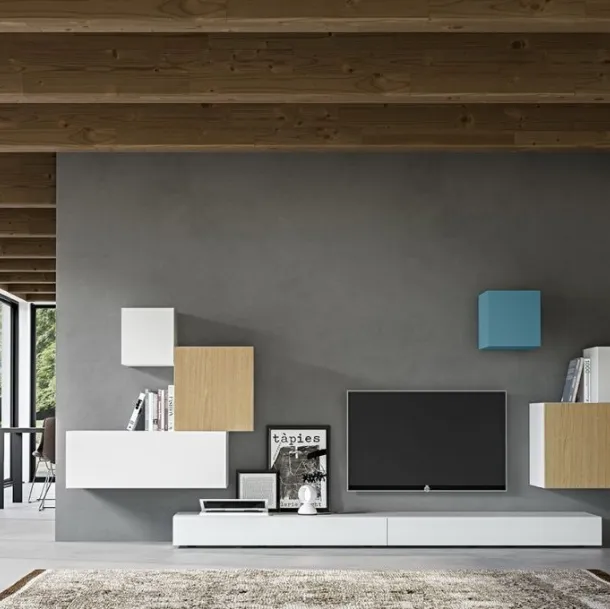 Parete Attrezzata Live 24 NEUTRAL COLOURS in laccato opaco bianco e cielo e rovere naturale di Morassutti