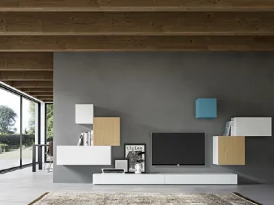 Parete Attrezzata Live 24 NEUTRAL COLOURS in laccato opaco bianco e cielo e rovere naturale di Morassutti