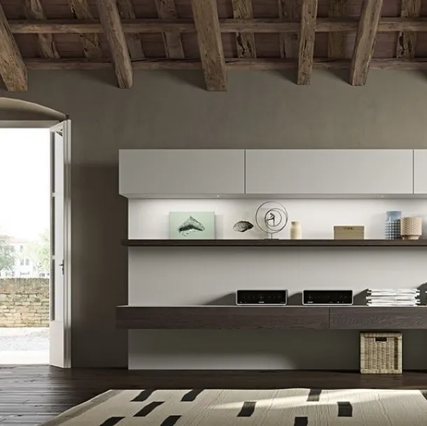 Parete Attrezzata Live 26 LIGHT in rovere affumicato e laccato canapa opaco di Morassutti