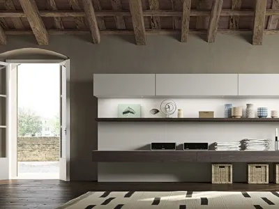 Parete Attrezzata Live 26 LIGHT in rovere affumicato e laccato canapa opaco di Morassutti