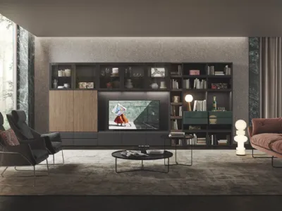 Parete Attrezzata Live & Logic Systems 02 in rovere carbone e avana, laccato verde muschio lucido e vetro grigio trasparente di Morassutti