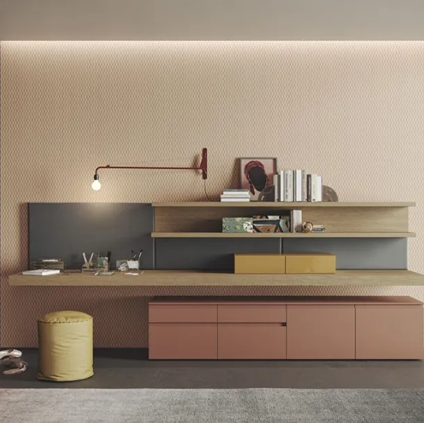 Parete Attrezzata Live & Logic Systems 11 in rovere avana e in laccato mattone opaco di Morassutti