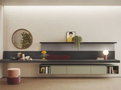 Parete Attrezzata sospesa Live & Logic Systems 12 in rovere carbone e laccato salvia opaco di Morassutti