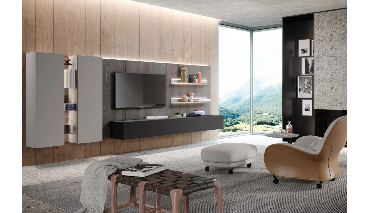 Parete Attrezzata Skyline Landscape & Feelings in laccato e Rovere grigio di Astor Mobili