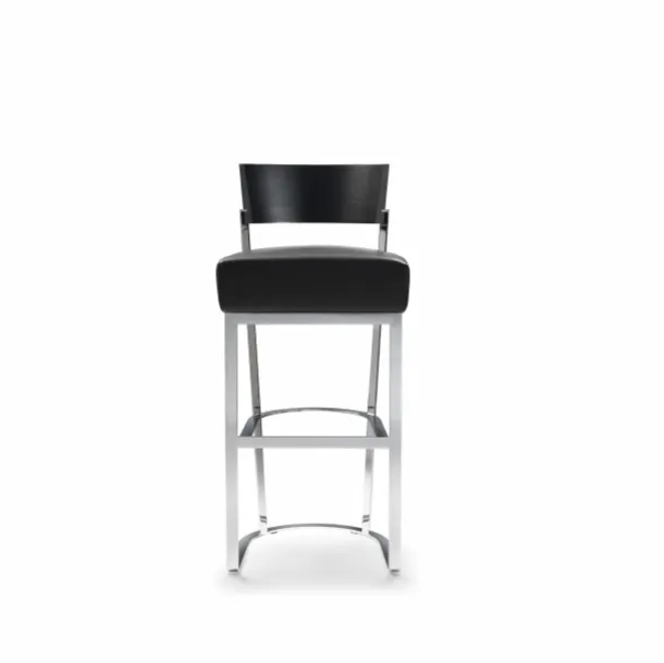 Sgabello Morgan con struttura in metallo, schienale in legno massello e seduta in pelle imbottita di Flexform