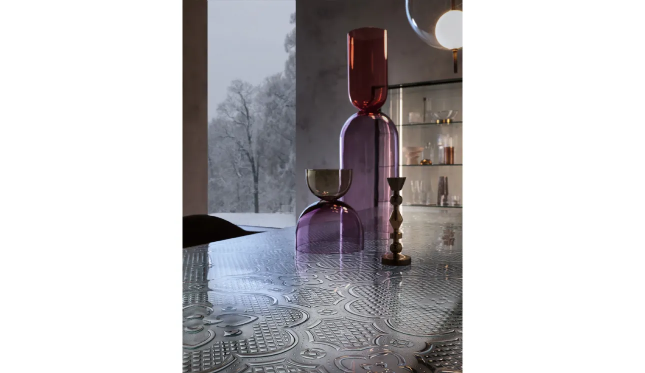 Tavolo Cristaline con top in vetro trasparente decorato di Fiam