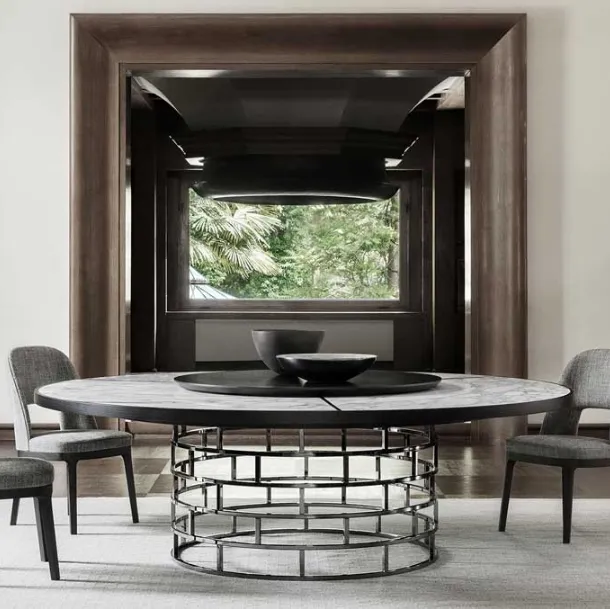 Tavolo rotondo con piano in legno massello con inserto in marmo e base in metallo Crown di Flexform