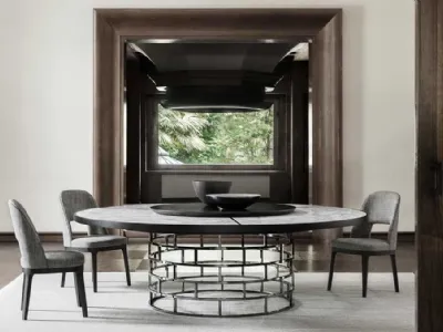 Tavolo rotondo con piano in legno massello con inserto in marmo e base in metallo Crown di Flexform