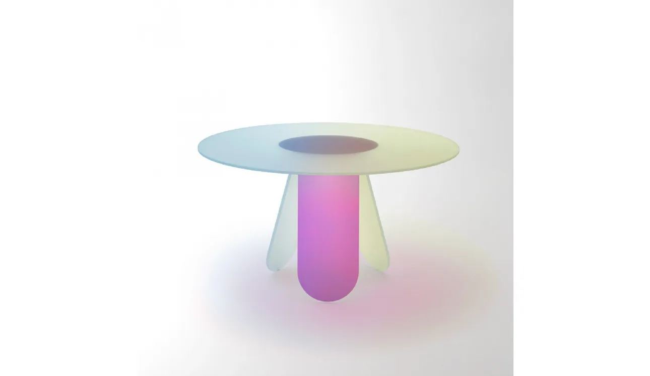 Tavolo rotondo Shimmer in cristallo satinato con una speciale finitura multicromatica cangiante di Glas Italia