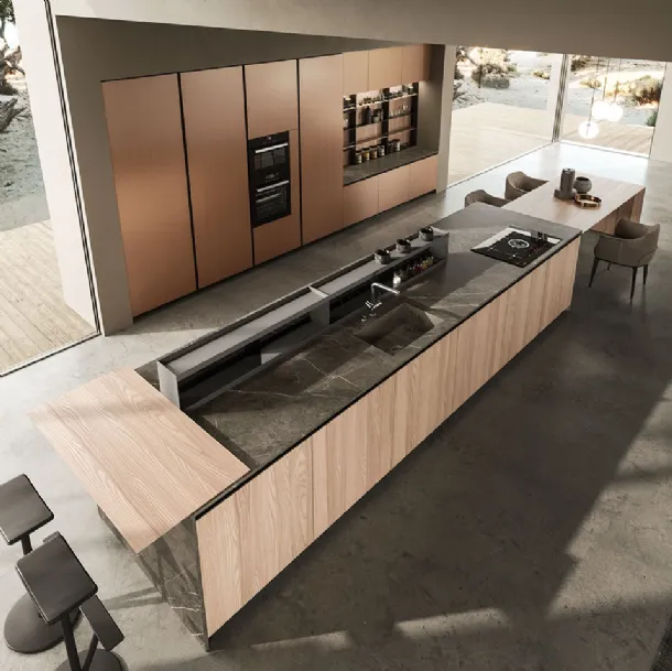 Cucina Design lineare in olmo naturale con top in marmo pietra grey Ak 04 04 di Arrital