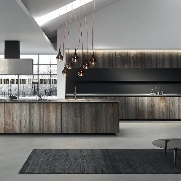 Cucina Design lineare in abete tabacco con top in acciaio vintage Ak 05 TailorMade 02 di Arrital