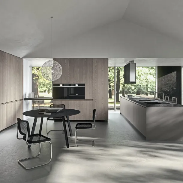 Cucina Design lineare in laccato grigio Londra con top in acciaio e gres Savoia Antracite Ak 05 TailorMade 04 di Arrital