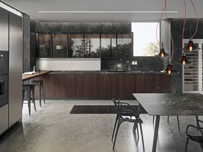 Cucina Design lineare in impiallacciato Eucalipto fumè e top in gres nero Greco Ak 05 TailorMade 05 di Arrital