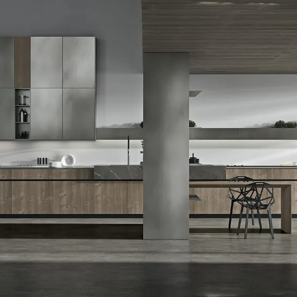 Cucina Design lineare in impiallacciato Abete con top in pietra grey Ak 05 TailorMade 06 di Arrital