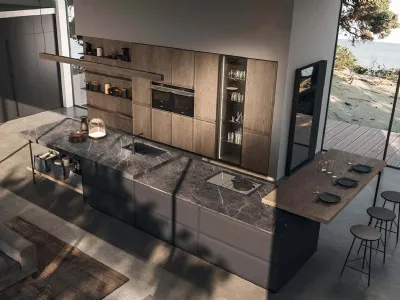 Cucina Design in laccato Ardesia con top in marmo pietra grey e penisola e colonne in castagno spazzolato Ak 07 01 di Arrital