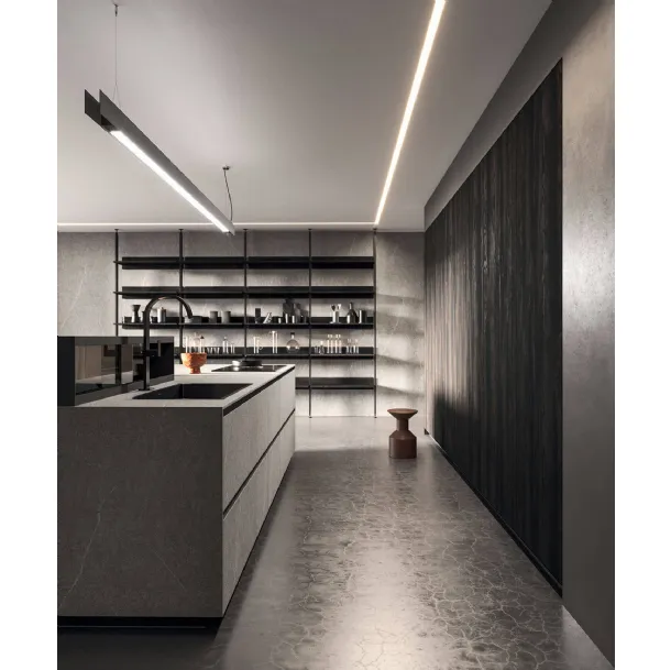 Cucina Design lineare in melaminico materico e termostrutturato con top in laminato HPL Ak Project 04 di Arrital