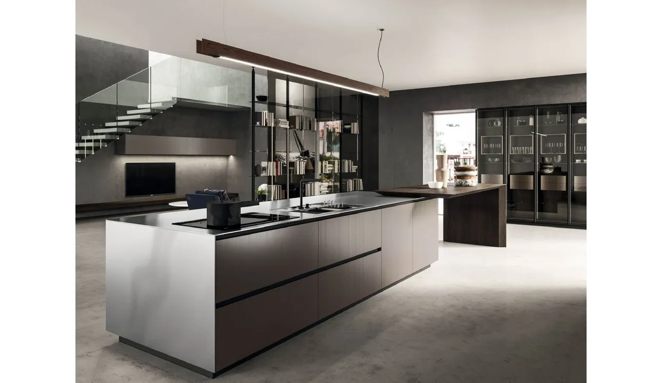 Cucina Design lineare in laccato metal brown e rovere spazzolato con top in acciaio inox satinato Ak Project 06 di Arrital
