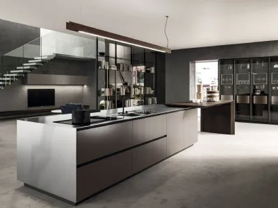 Cucina Design lineare in laccato metal brown e rovere spazzolato con top in acciaio inox satinato Ak Project 06 di Arrital