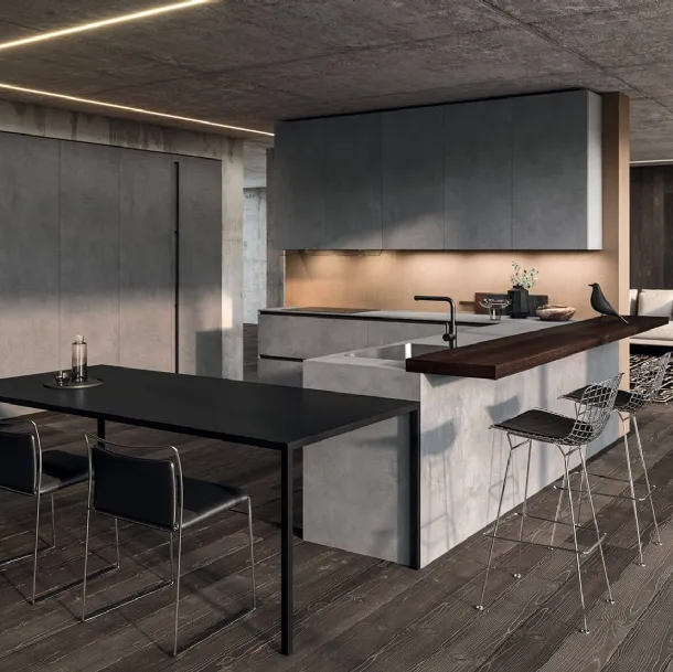 Cucina Design angolare in melaminico termostrutturato con penisola e top in laminato HPL Ak Project 07 di Arrital