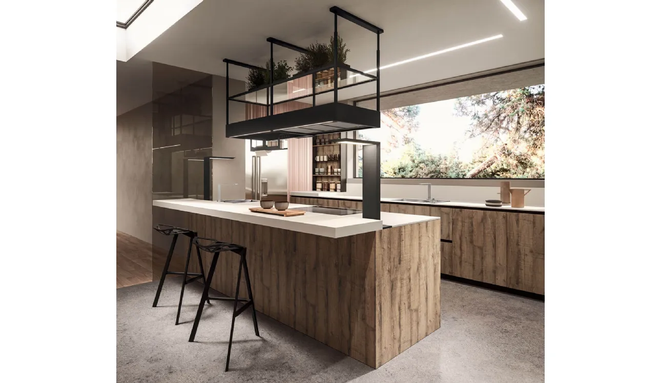 Cucina Design lineare in melaminico termostrutturato sabbiato rovere e top in laminato HPL seta Ak Project 08 di Arrital