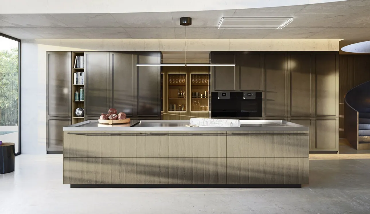 Cucina Design con isola Ak Project 09 in rovere, acciaio e bronzo di Arrital
