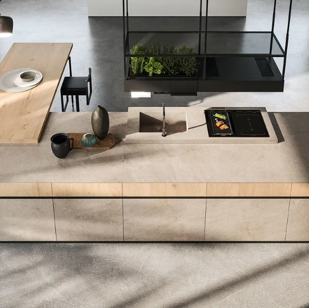 Cucina Design in gres e rovere antico biondo con penisola Ak 04 01 di Arrital
