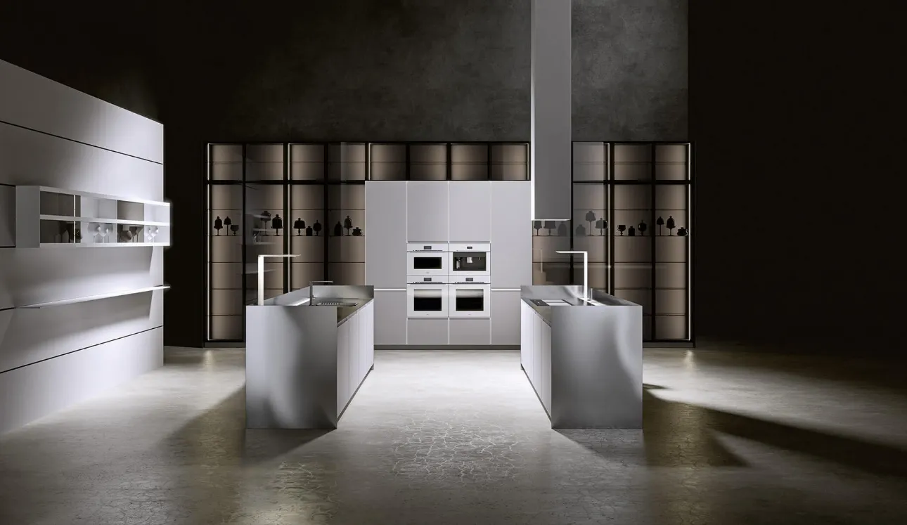 Cucina Design con doppia isola in laccato grigio chiaro e acciaio inox satinato AkB 08 05 di Arrital