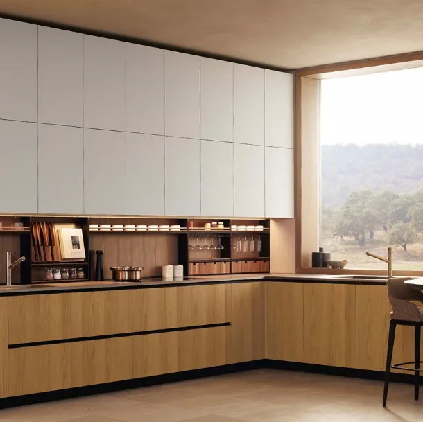 Cucina Design ad angolo Alea Pro 03 in rovere gold con top in laminato di Poliform