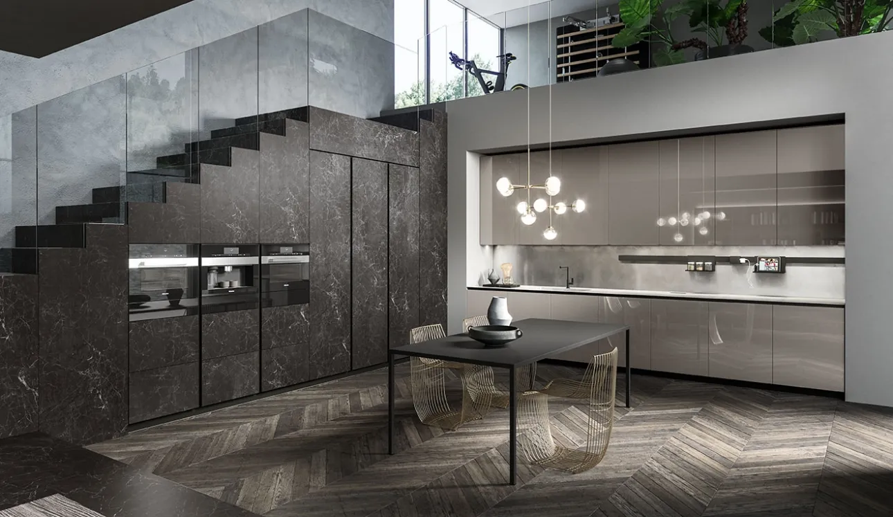Cucina Design angolare Ak 04 02 in vetro lucido Grigio Londra e Laminam di Arrital