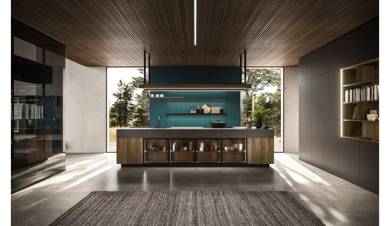 Cucina Design con isola Ak Project 01in finitura Noce e Fenix di Arrital