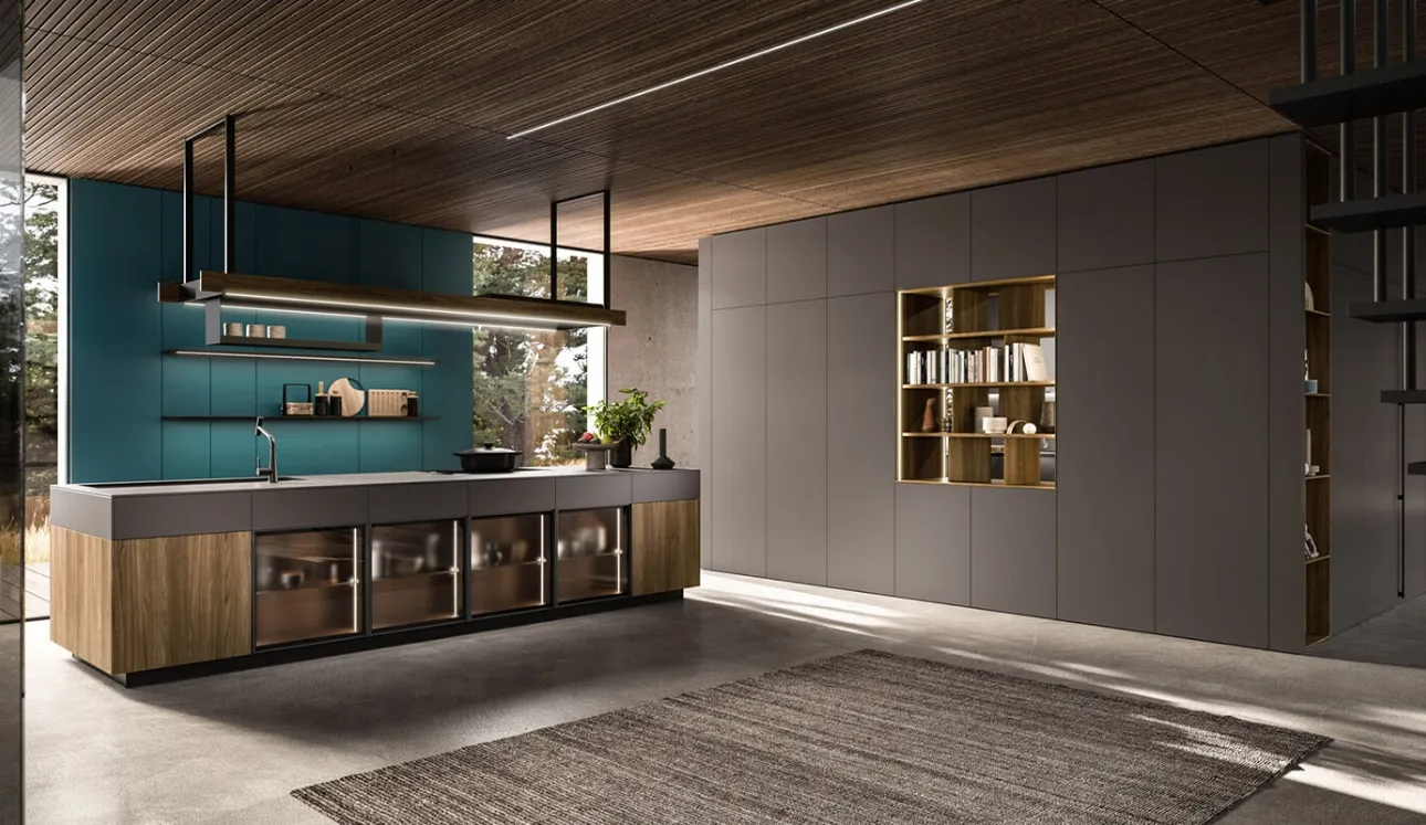Cucina Design con isola Ak Project 01 in finitura Noce e Fenix di Arrital