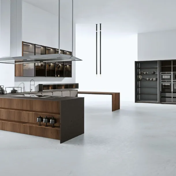 Cucina Design con penisola AkB 08 04 in Fenix Bronzo e Noce Canaletto di Arrital