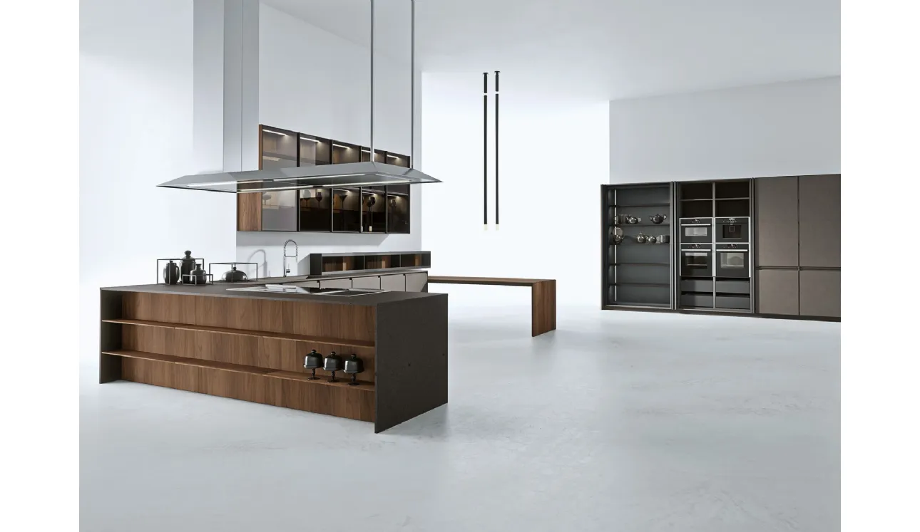 Cucina Design con penisola AkB 08 04 in Fenix Bronzo e Noce Canaletto di Arrital