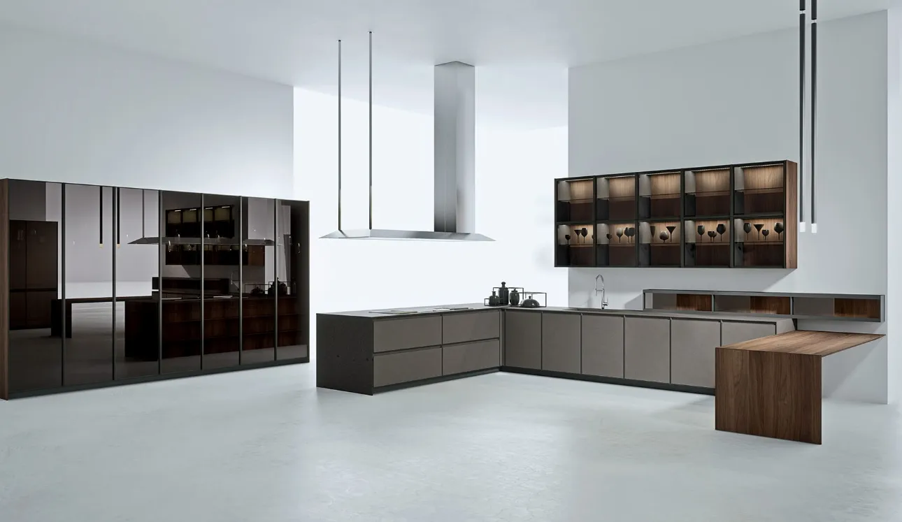 Cucina Design con penisola AkB 08 04 in Fenix Bronzo e Noce Canaletto di Arrital